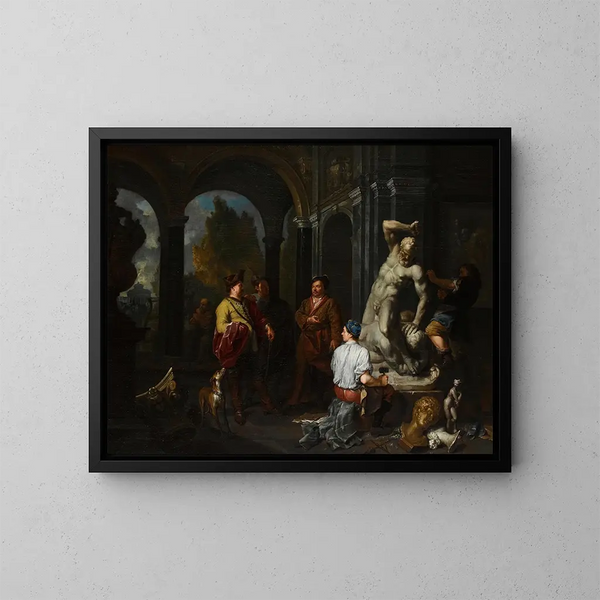 Elegante Figuren, die Sculptoren bei der Arbeit an einer Statue von Herkules und Antäus im Hof eines Palastes überwachen - Balthasar van den Bossche — gerahmtes Bild an der Wand