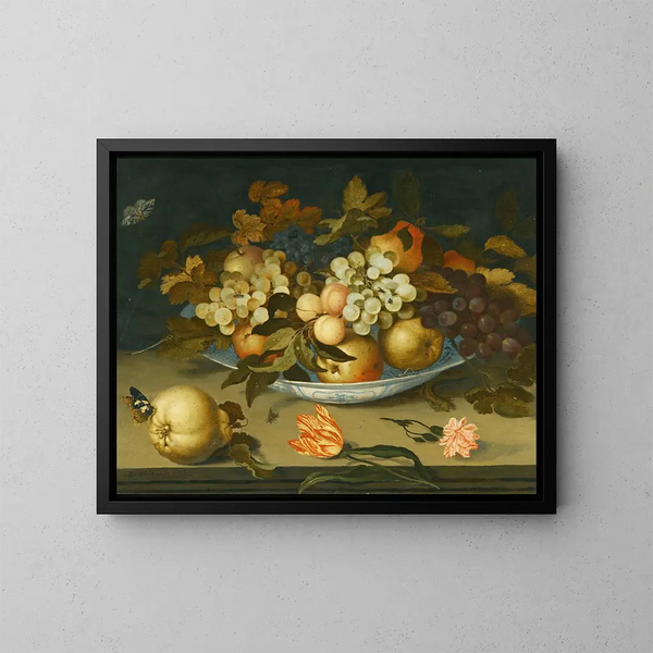 Natura morta con una ciotola di Delft contenente frutta su un davanzale con fiori, insetti e una lucertola - Balthasar van der Ast — quadro incorniciato alla parete
