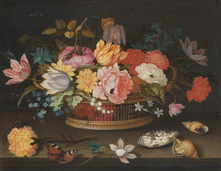 Balthasar van der Ast - Flowers in a wicker basket on a table.webp