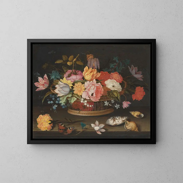 Fiori in un cesto di vimini su un tavolo - Balthasar van der Ast — quadro incorniciato alla parete