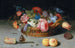 di rose, tulipani, iris e altri fiori in un cesto di vimini con frutta e insetti su un davanzale - Balthasar van der Ast — vista dell’opera