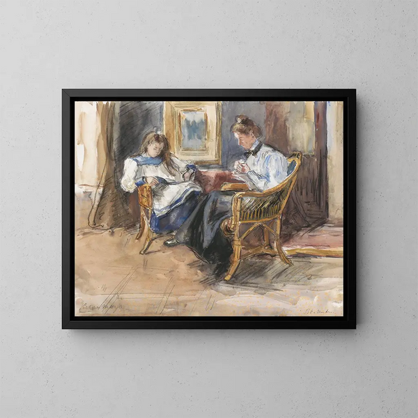 Dame beim Arbeiten und junges Mädchen beim Lesen in Korbsesseln im Haus in der Riouwstraat 6 in Den Haag - Barbara Elisabeth van Houten — gerahmtes Bild an der Wand