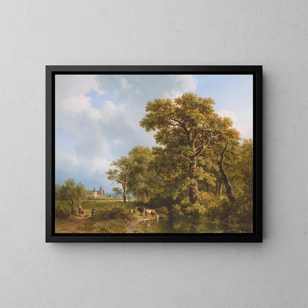 Ein Sommerlandschaft mit Kühen, die ein Schloss in der Ferne tränken - Barend Cornelis Koekkoek — gerahmtes Bild an der Wand