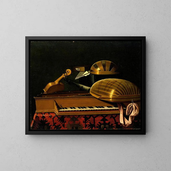 Stillleben mit Musikinstrumenten und Büchern - Bartolomeo Bettera — gerahmtes Bild an der Wand