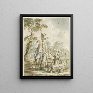 Bartholomeus Barbiers - Landschap met twee mannen bij een aanplakbord bij een waterpomp Bartholomeus Barbiers after c 1750 1808.webp