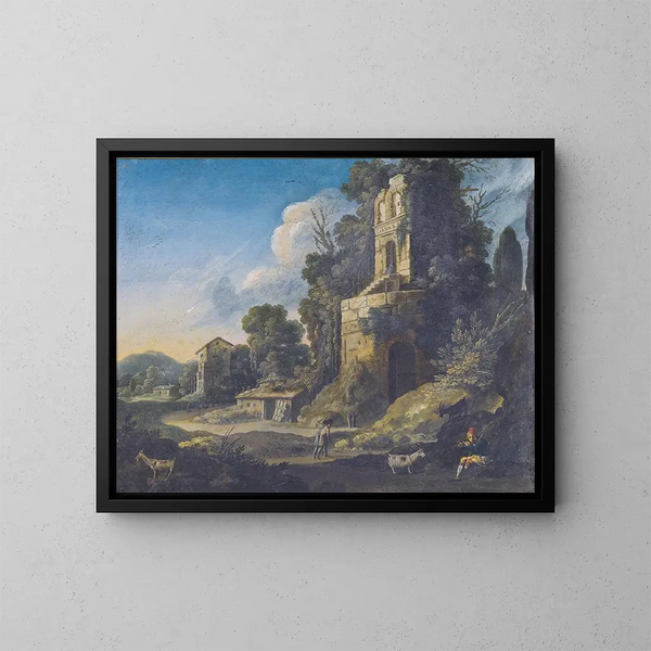 Paesaggio in corsivo con edifici e un pastore che suona la flauto - Bartholomeus Breenbergh — quadro incorniciato alla parete