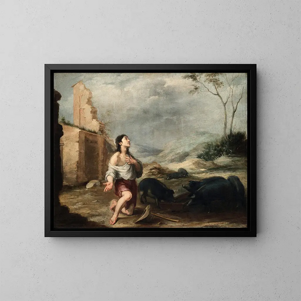 Der verlorene Sohn, der Schweine füttert - Bartolomé Esteban Murillo — gerahmtes Bild an der Wand