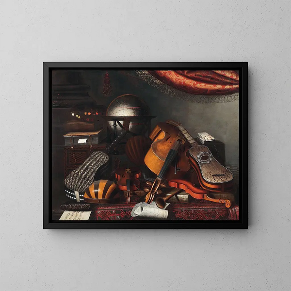 Stillleben mit Musikinstrumenten, Büchern und Spielkarten - Bartolomeo Bettera — gerahmtes Bild an der Wand