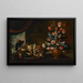 Ein Teller aus Silber mit Geflügel und eine Terrakottavase mit verschiedenen Blumen auf einem Tisch mit einem Papagei und einem Vorhang, eine Landschaft im Hintergrund - Bartolomeo Ligozzi — gerahmtes Bild an der Wand