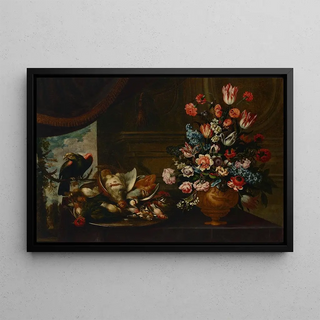 Bartolomeo Ligozzi - A silver charger with fowl and a terracotta vase with various flowers on a table with a parrot and a curtain a landscape beyond.webp
