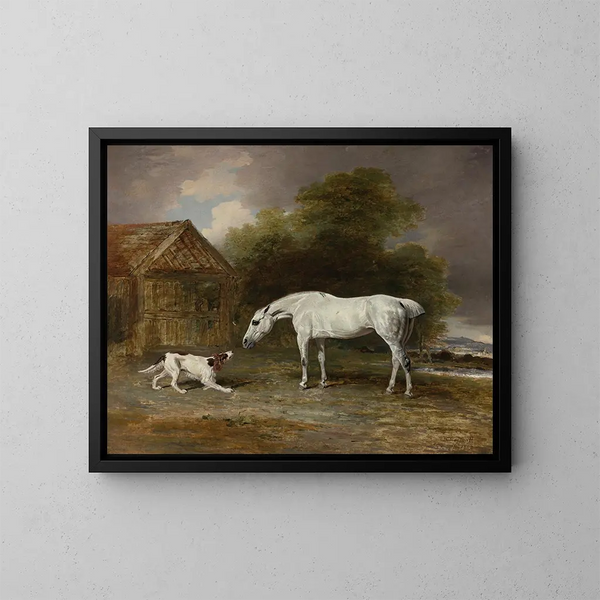 Ein grauer Jäger und ein Spaniel - Benjamin Marshall — gerahmtes Bild an der Wand