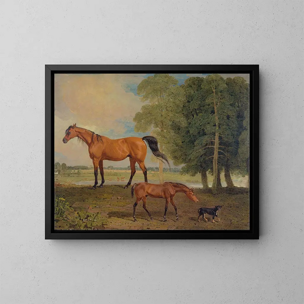 Stute mit Fohlen und einem Terrier - Benjamin Marshall — gerahmtes Bild an der Wand