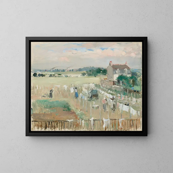 Aufhängen der Wäsche zum Trocknen - Berthe Morisot — gerahmtes Bild an der Wand