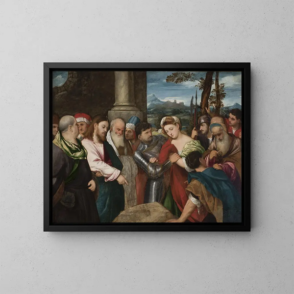 Der Christus und die Ehebrecherin - Bonifacio Veronese — gerahmtes Bild an der Wand