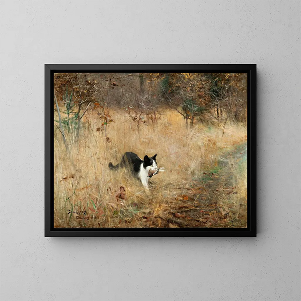 Jagd der Katze auf Vögel - Bruno Liljefors — gerahmtes Bild an der Wand