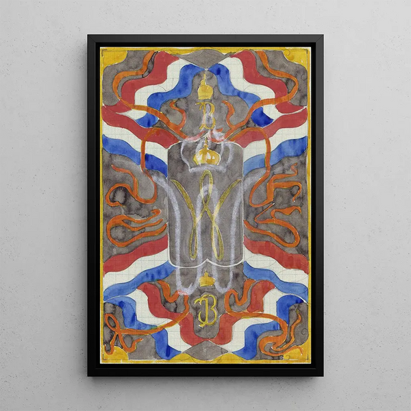 Carel Adolph Lion Cachet - Ontwerp met vlaggen vaandels en een gekroonde W en B.webp
