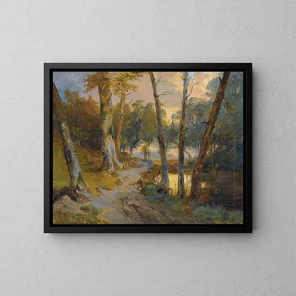 Foresta con piccolo stagno - Carl Blechen — quadro incorniciato alla parete