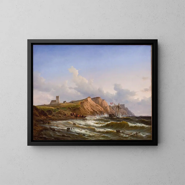 Schiffswrack nach einem Sturm vor der Westküste Jütlands in der Nähe der Ferring-Kirche - Carl Frederik Sørensen — gerahmtes Bild an der Wand