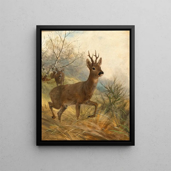 Ein Hirsch und eine Hirschkuh - Carl Friedrich Deiker — gerahmtes Bild an der Wand
