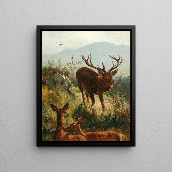 Hirsche und Rehe auf dem Hügel - Carl Friedrich Deiker — gerahmtes Bild an der Wand