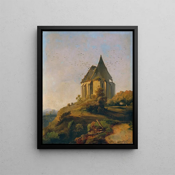 Rovine della chiesa di Carl Geyling con cornice nera su una parete chiara