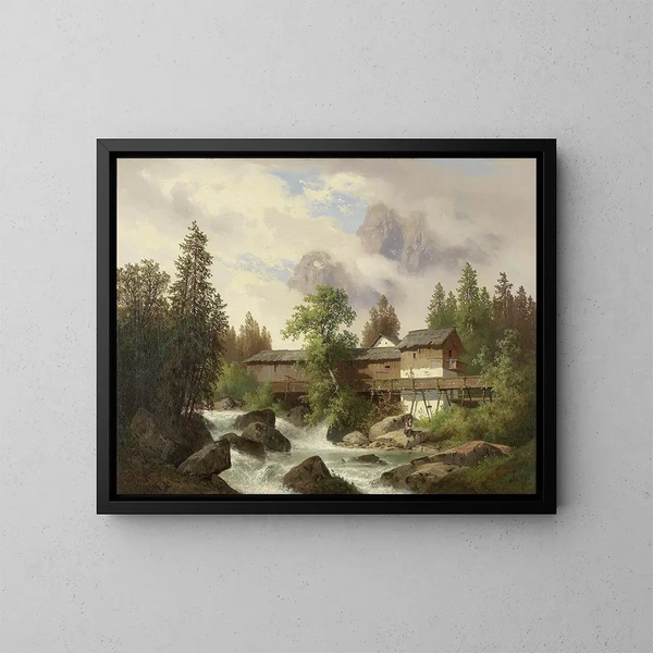 Paesaggio con segheria - Carl Hasch — quadro incorniciato alla parete
