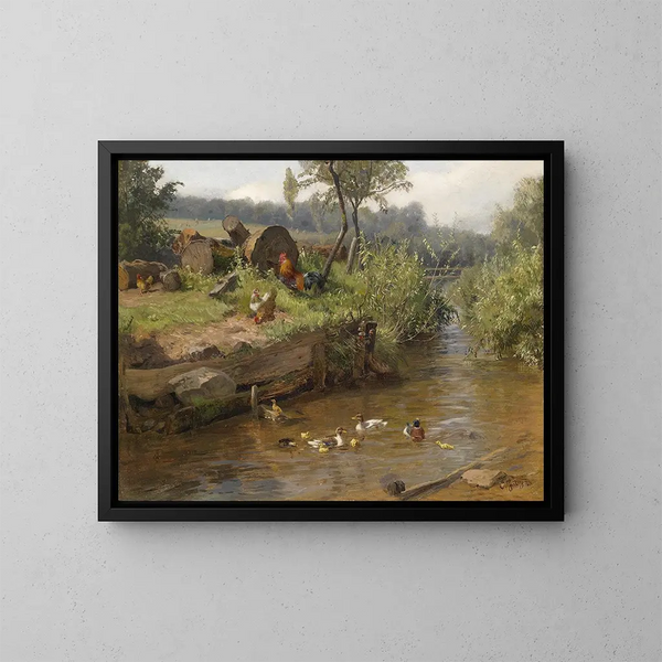 Famiglia di anatre sulla riva dell'acqua - Carl Jutz — quadro incorniciato alla parete