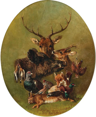 Carl Jutz - Hunting Still Life with Stag Wild Boar Fox Hare Sparrowhawk and Pheasant.webp
