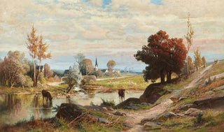 Carl Philipp Weber - Landscape with Cows Watering and Town in Background.webp