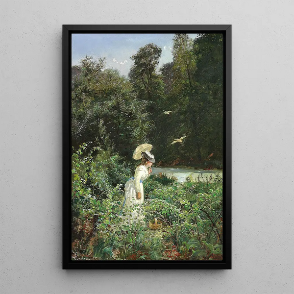 Carl SchlichtingCarlsen - Ung dame i hvid kjole plukker hindbr i Ordrup Krat.webp