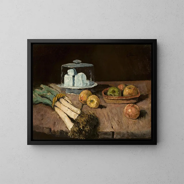 Stillleben mit Lauch, Äpfeln und Käse - Carl Schuch — gerahmtes Bild an der Wand