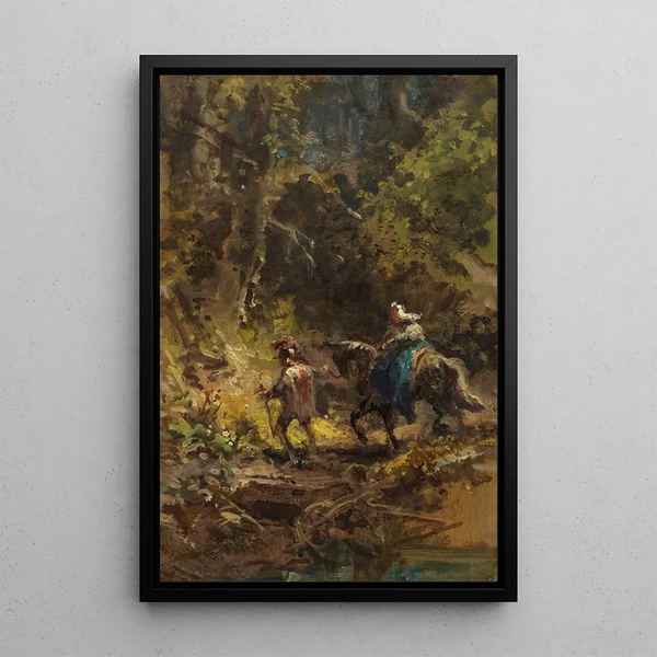 Reproduktion des Gemäldes Kreuzung mit Dame in einer Waldlandschaft - Carl Spitzweg
