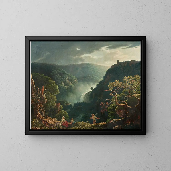 Le cascate di Tivoli con figure in primo piano - Carlo Labruzzi — quadro incorniciato alla parete