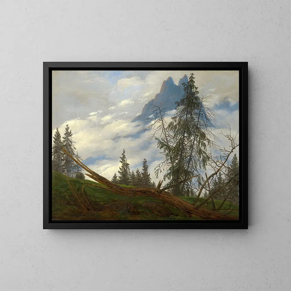 Berggipfel mit vorbeiziehenden Wolken - Caspar David Friedrich — gerahmtes Bild an der Wand