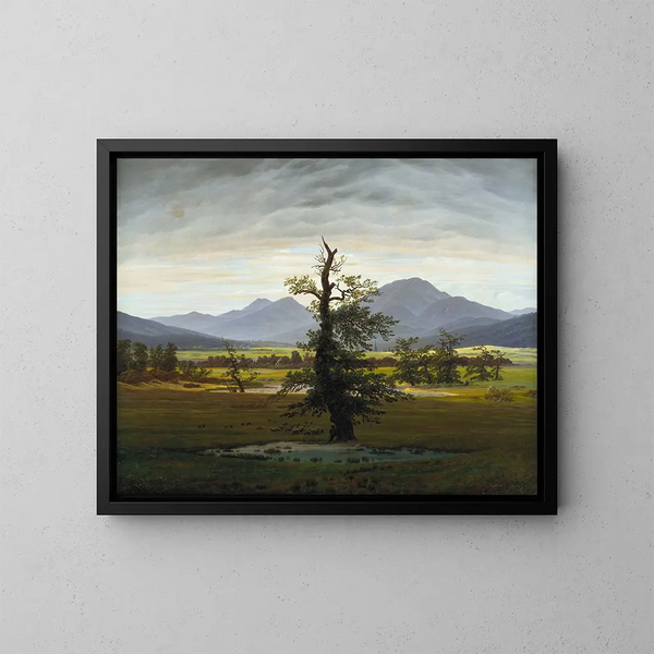 Landschaftsgemälde eines Dorfes im Morgenlicht, L Einzeln stehender Baum - Caspar David Friedrich — gerahmtes Bild an der Wand