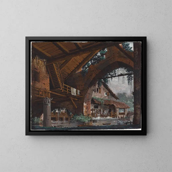 Fantasiearchitektur antiker Ruinen mit einem Wassermühle - Caspar Wolf — gerahmtes Bild an der Wand