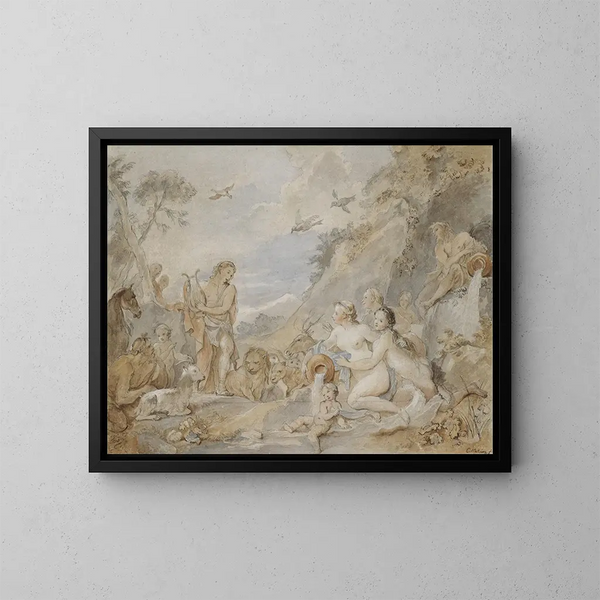 Orpheus, der Nymphen, Dryaden und Tieren bezaubert - Charles-Joseph Natoire — gerahmtes Bild an der Wand