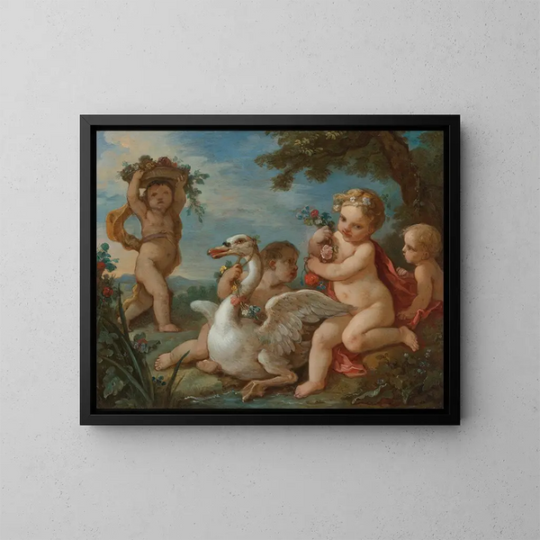 Putti, das einen Schwan mit einer Blumenkranz schmückt - Charles-Joseph Natoire — gerahmtes Bild an der Wand
