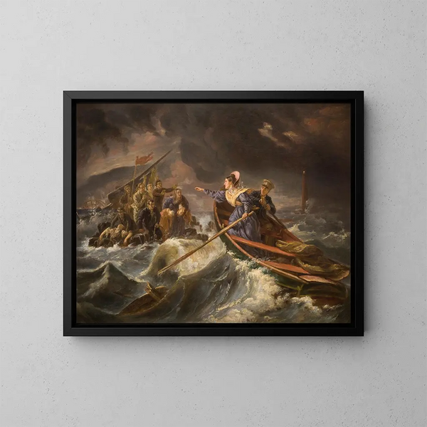 Grace Darling e suo padre che salvano i sopravvissuti al naufragio del Forfarshire sulle isole Farne, 7 settembre 1838 - Charles Achille d'Hardiviller — quadro incorniciato alla parete