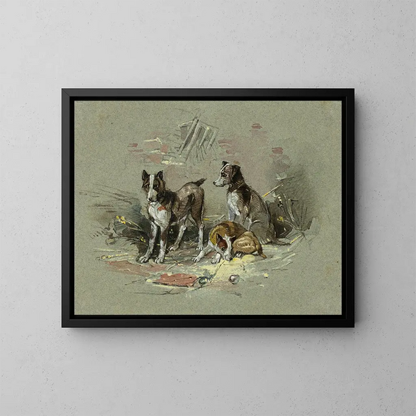 Drei Hunde in einer Gasse - Charles B Newhouse — gerahmtes Bild an der Wand