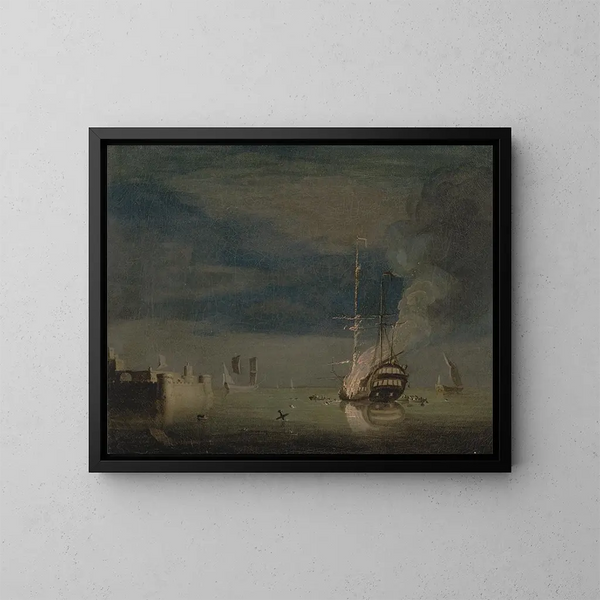 Ein Boot mit zwei Decks in Flammen bei Nacht in der Nähe einer Festung - Charles Brooking — gerahmtes Bild an der Wand