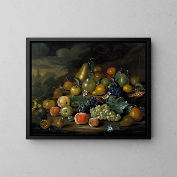 Naturmorte mit Birnen, Pfirsichen und Trauben - Charles Collins — gerahmtes Bild an der Wand
