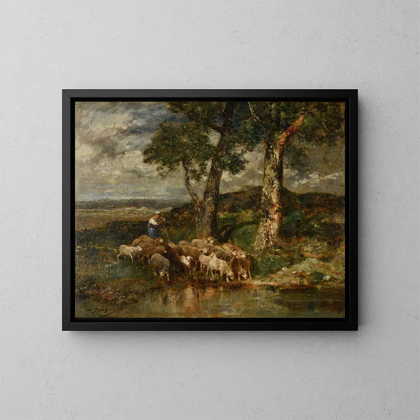 Schafe am Wassertränke - Charles Émile Jacque — gerahmtes Bild an der Wand