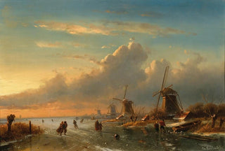 Charles Leickert - A winter landscape at sunset with figures on the ice.webp