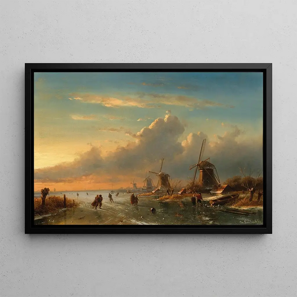 Charles Leickert - A winter landscape at sunset with figures on the ice.webp