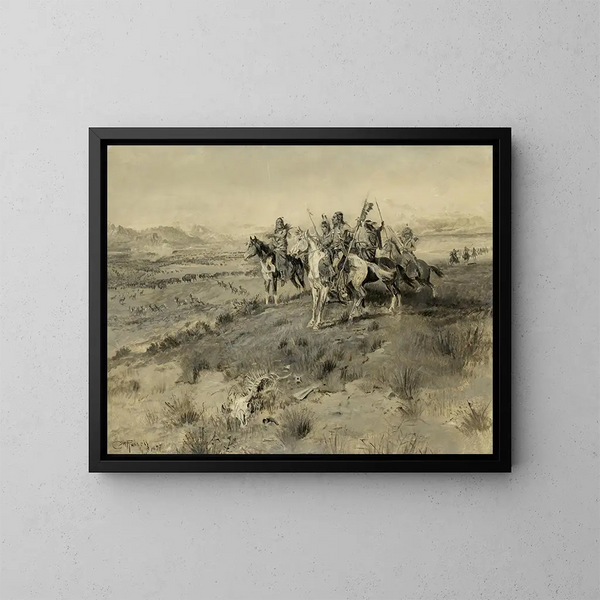 Vor der Ankunft des weißen Mannes, Indianischer Jagen - Charles Marion Russell — gerahmtes Bild an der Wand