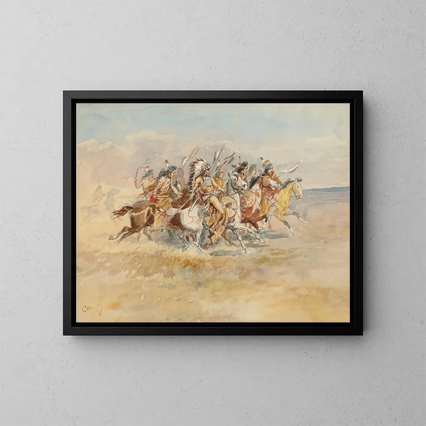 Gruppe des Blackfeet-Kriegs - Charles Marion Russell — gerahmtes Bild an der Wand