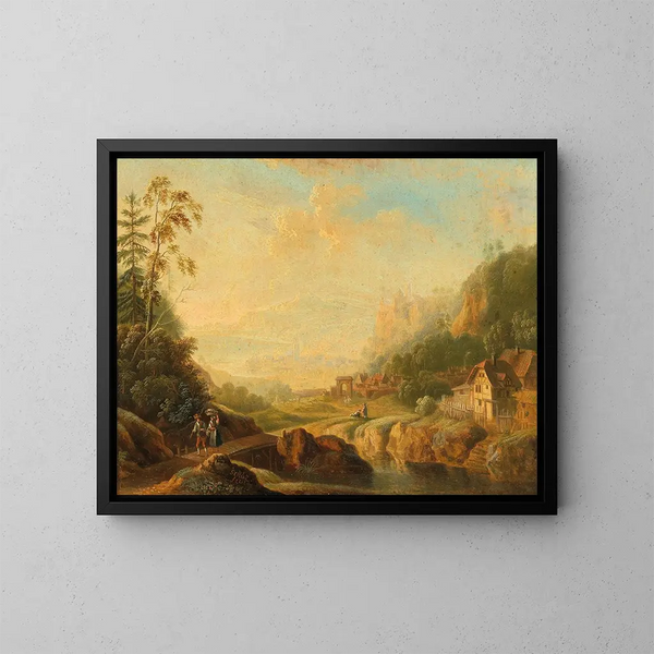 Ein weites Flusslandschaft mit Wanderern - Christian Georg Schütz der Jüngere — gerahmtes Bild an der Wand
