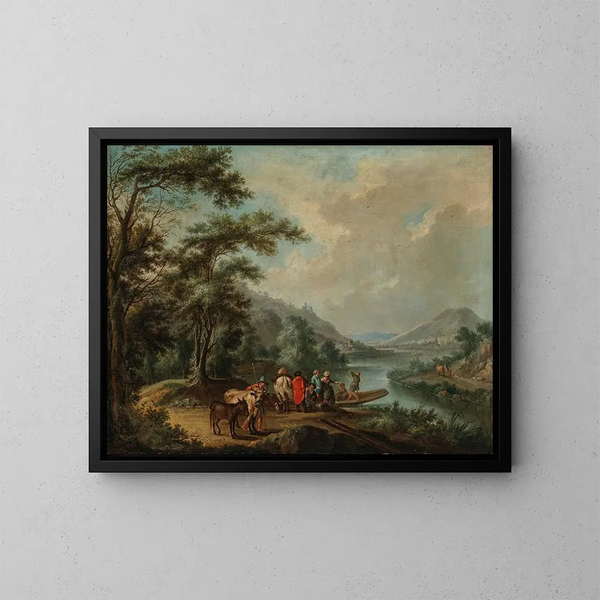 eines Rheintallandschafts mit einer Fähre bei Bonn, dem Rolandsbogen, dem Drachenfels und der Nonnenwerth-Insel in der Ferne - Christian Georg Schütz der Ältere — gerahmtes Bild an der Wand