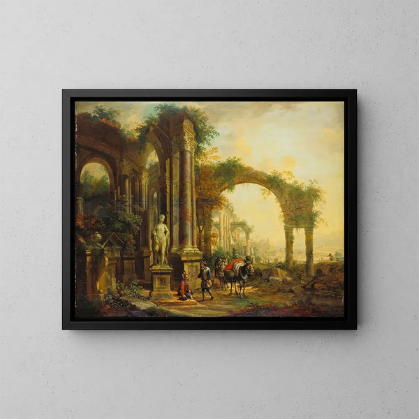 Landschaft mit antiken Ruinen und zwei Packeseln - Christian Georg Schütz der Ältere — gerahmtes Bild an der Wand